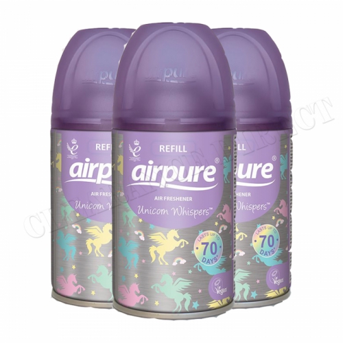 3 x AIRPURE UNICORN WHISPERS REFILL CAN AUTOMATIC FRAGRANCE AIR FRESHENER 250ml