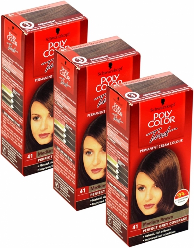 3x Schwarzkopf Poly Color Permanent Hair Colour Medium Brown 41