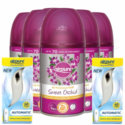 AIRPURE SWEET ORCHID REFILL 250ML AUTOMATIC AIR FRESHENER x 6 + 2 MACHINE